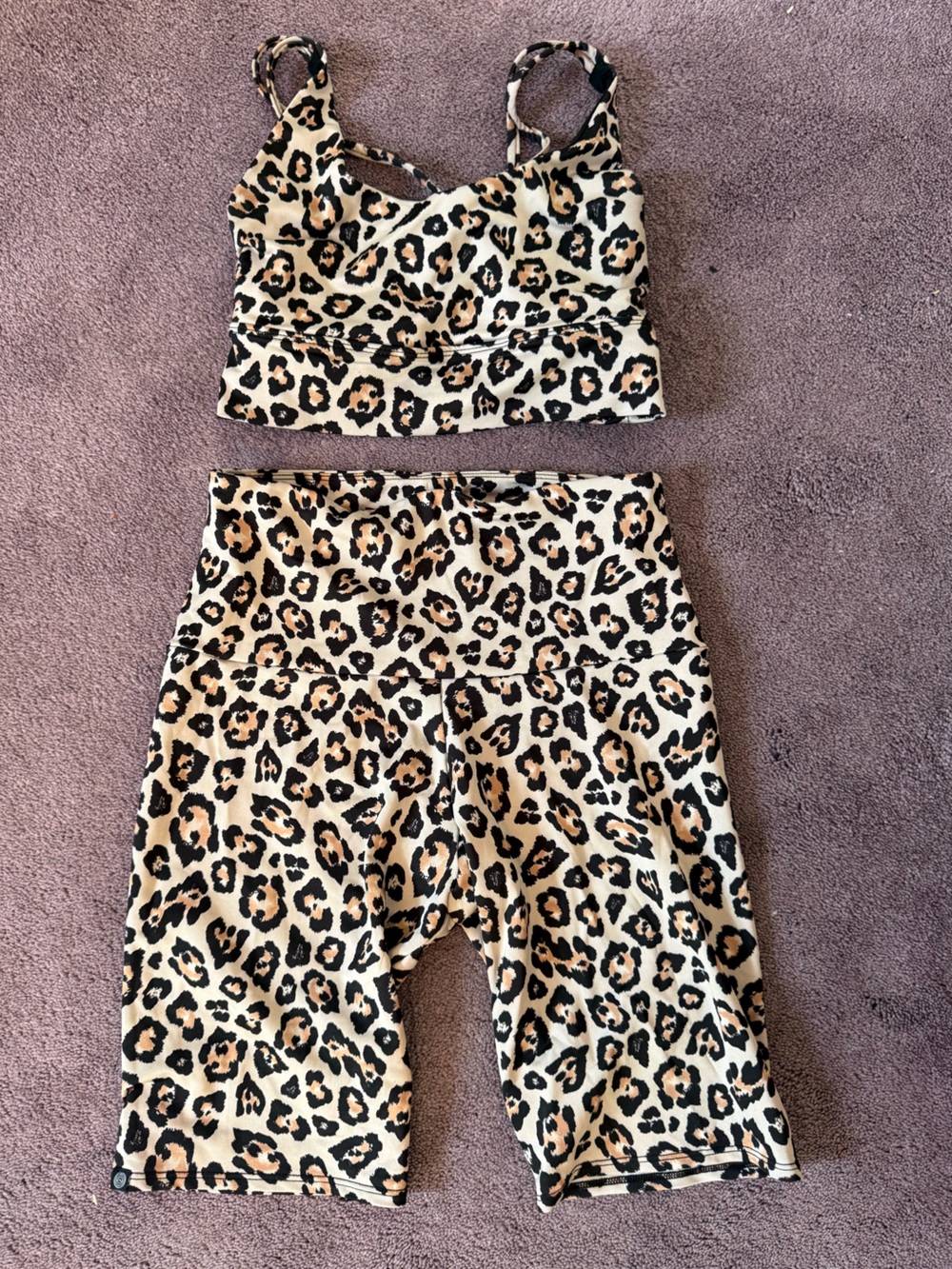 Leopard Print Active Crop Top & Biker Shorts Set - Beige Black